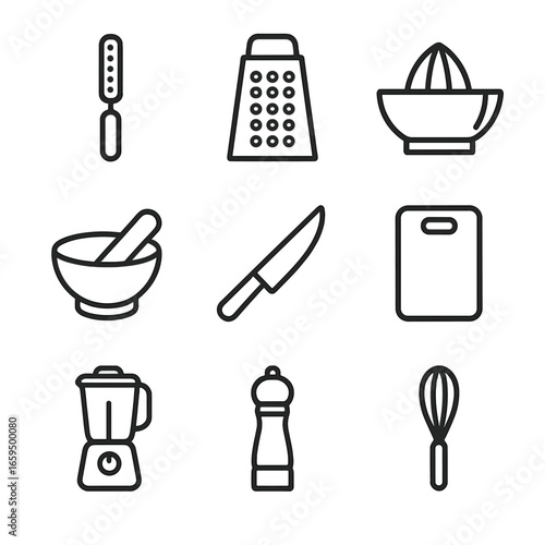 Zesty Kitchen Icons. Outline icon set of zesty kitchen tools: zester, grater, citrus juicer, mortar and pestle, knife, chopping