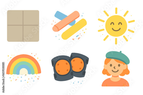 Chalk Art Festivity. Flat vector mini-illustrations Large-scale chalk art on pavement in colors children's