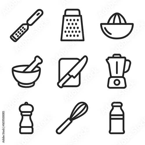 Zesty Kitchen Icons. Outline icon set of zesty kitchen tools: zester, grater, citrus juicer, mortar and pestle, knife, chopping