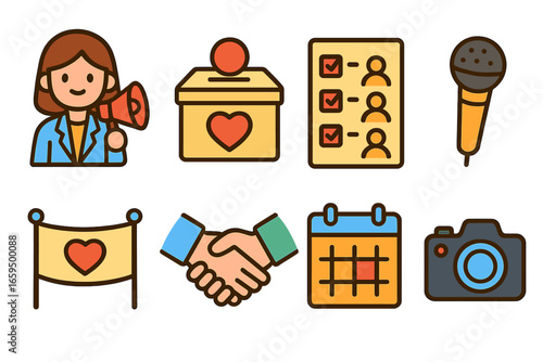 Charity Event Icons. Flat vector mini-illustrations Charity event coordination in colors children's