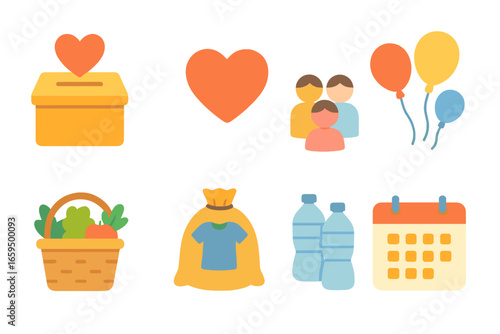 Charity Icons for Kids. Flat vector mini-illustrations charity events in colors children's illustrations:
