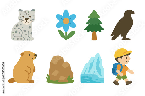 Mountain Biodiversity Icons. Flat vector mini-illustrations mountain biodiversity in colors children's illustrations: snow leopard