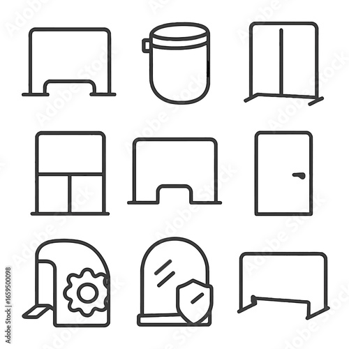 Acrylic Barrier Icons. Outline icon set of acrylic protective barriers: sneeze guard, face shield, partition, window panel,