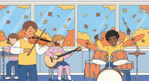 Adobe illustrator artwork vector illustration. A group of happy school children playing various musical instruments in a classroom with autumn-themed window views, perfect for music education concepts