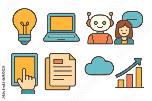 Child-Friendly AI Icons. Flat vector mini-illustrations brainstorming with AI tools in colors children's