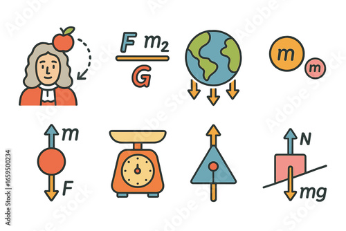 Gravity Physics Illustrations. Flat vector mini-illustrations gravity in physics in colors children's illustrations: Newton,