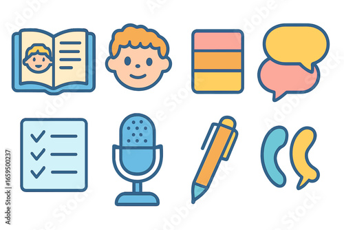 Child Icon Grid. Flat vector mini-illustrations Voice consistency in colors children's illustrations: