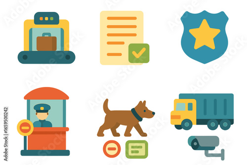 Child-Friendly Border Icons. Flat vector mini-illustrations Border security and logistics in colors children's