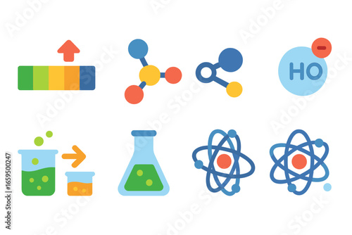Alkaline Chemistry Icons. Flat vector mini-illustrations alkaline concepts in colors children's illustrations: pH scale showing