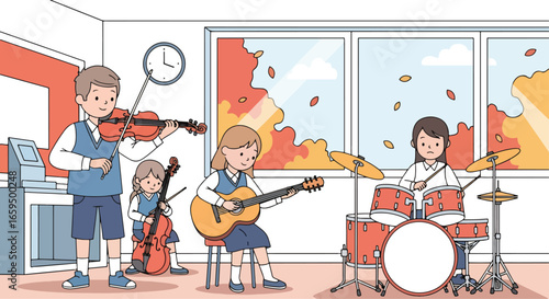 Adobe illustrator artwork vector illustration. A group of happy school children playing various musical instruments in a classroom with autumn-themed window views, perfect for music education concepts