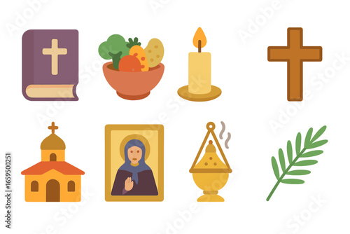 Great Lent Icons. Flat vector mini-illustrations Great Lent in colors children's illustrations: prayer book, fasting food, candle,