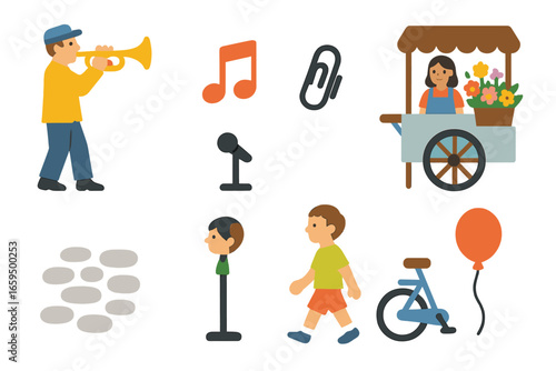 Musical Street Vibes. Flat vector mini-illustrations Mobile trumpet player in colors children's illustrations: trumpet, sheet