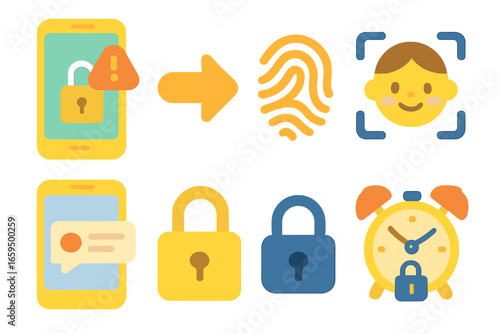 Child-Friendly Screen Icons. Flat vector mini-illustrations screen lock and notifications in colors children's