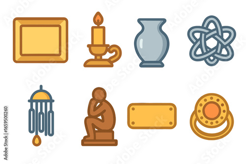 Alloy Decor Miniatures. Flat vector mini-illustrations alloy decorations in colors children's illustrations: alloy picture frame,