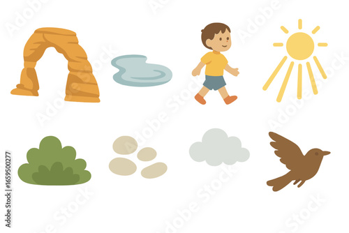 Nature Arches and Geysers. Flat vector mini-illustrations natural stone arches and bridges in colors children's illustrations: