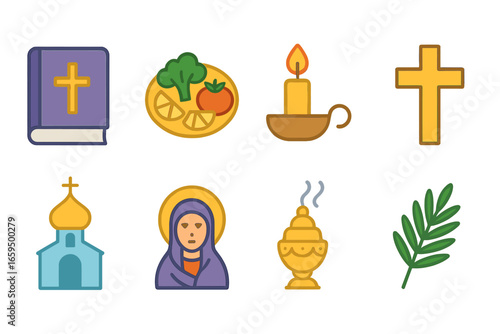 Great Lent Icons. Flat vector mini-illustrations Great Lent in colors children's illustrations: prayer book, fasting food, candle,