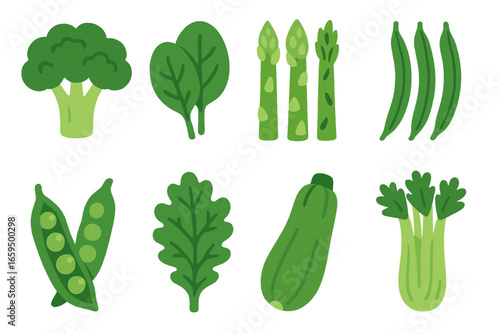 Green Vegetables Illustrations. Flat vector mini-illustrations green vegetables in colors children's illustrations: broccoli,