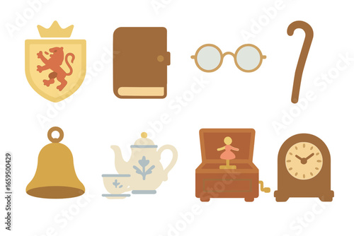 Heirloom Icon Collection. Flat vector mini-illustrations heirlooms in colors children's illustrations: family crest, old diary,