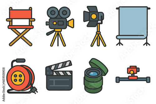 Child's Film Equipment Icons. Flat vector mini-illustrations film set equipment in colors children's