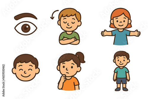 Nonverbal Listening Cues. Flat vector mini-illustrations non verbal listening cues in colors children's illustrations: eye with