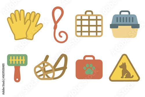 Animal Safety Icons. Flat vector mini-illustrations animal safe handling in colors children's illustrations: gloves, leash, cage,