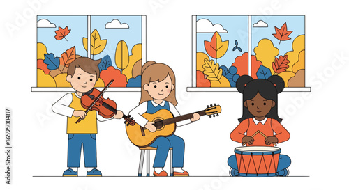 Adobe illustrator artwork vector illustration. A group of happy school children playing various musical instruments in a classroom with autumn-themed window views, perfect for music education concepts