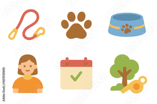 Pet Care Icons. Flat vector mini-illustrations Pet sitting and dog walking in colors children's illustrations: dog leash, paw