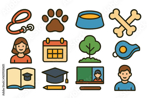 Pet Sitting and Tutoring Icons. Flat vector mini-illustrations Pet sitting and dog walking in colors children's illustrations: dog