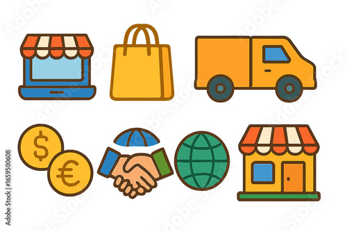 Childlike E-commerce Icons. Flat vector mini-illustrations E-commerce and local shops in colors children's