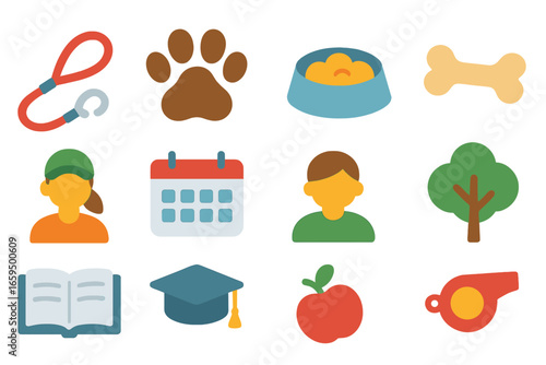 Pet Sitting and Tutoring Icons. Flat vector mini-illustrations Pet sitting and dog walking in colors children's illustrations: dog