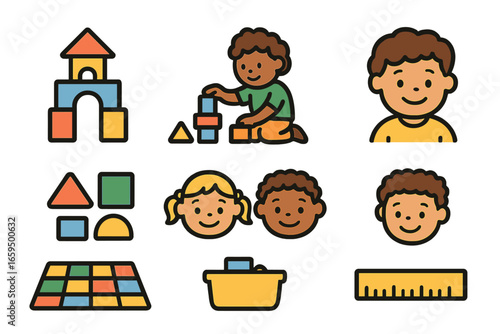 Playful Building Blocks. Flat vector mini-illustrations building block playdates in colors children's illustrations: wooden block