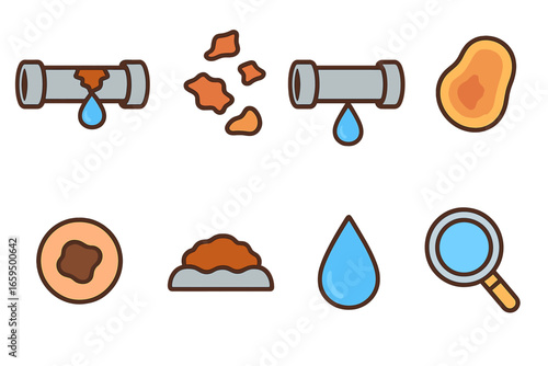 Pipe Corrosion Icons. Flat vector mini-illustrations Pipe corrosion example in colors children's illustrations: corroded pipe,