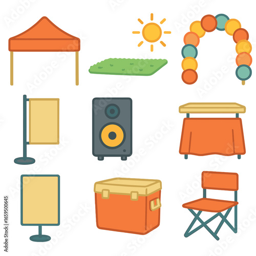 Childlike Outdoor Promo Icons. Flat vector mini-illustrations outdoor promo setup in colors children's