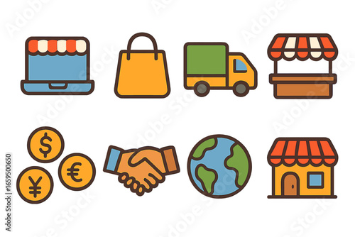 Childlike E-commerce Icons. Flat vector mini-illustrations E-commerce and local shops in colors children's