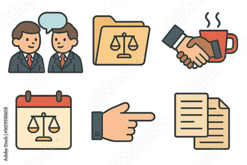 Childlike Legal Icons. Flat vector mini-illustrations Lawyers discussing cases in colors children's