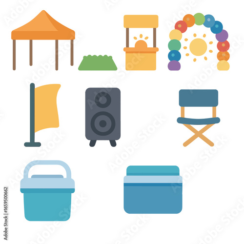 Childlike Outdoor Promo Icons. Flat vector mini-illustrations outdoor promo setup in colors children's