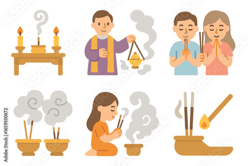 Incense Rituals Illustrated. Flat vector mini-illustrations incense rituals in colors children's illustrations: incense burning at