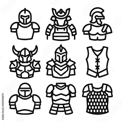 Armor Icon Set. Outline icon set of armor styles: knight armor, samurai armor, gladiator armor, fantasy armor, ceremonial armor,