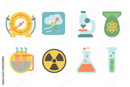 Atomic Experiments for Kids. Flat vector mini-illustrations atomic experiments in colors children's illustrations: particle