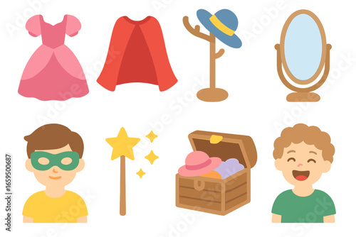 Playful Dress-Up Icons. Flat vector mini-illustrations dress up and pretend play in colors children's illustrations: princess