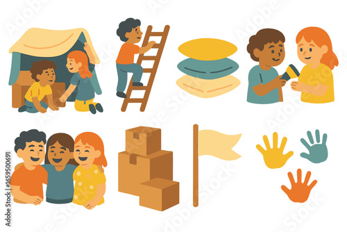 Children Building Fort. Flat vector mini-illustrations children building a fort together in colors children's