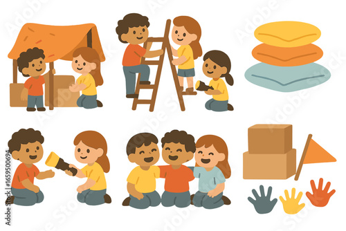 Children Building Fort. Flat vector mini-illustrations children building a fort together in colors children's