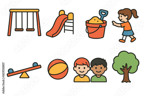 Playground Fun Icons. Flat vector mini-illustrations playground playdates in colors children's illustrations: swing set, slide,