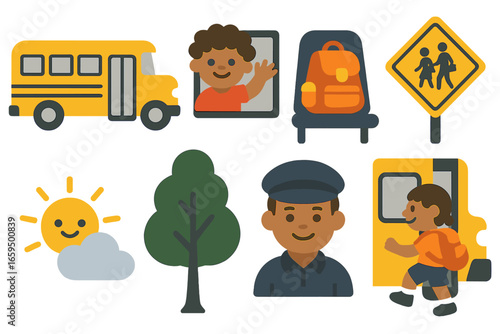 Playful School Bus Adventure. Flat vector mini-illustrations school bus ride in colors children's illustrations: yellow school bus