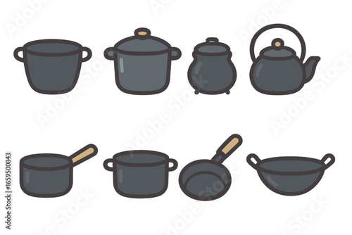 Iron Pot Illustrations. Flat vector mini-illustrations iron pot in colors children's illustrations: cast iron pot, iron cooking