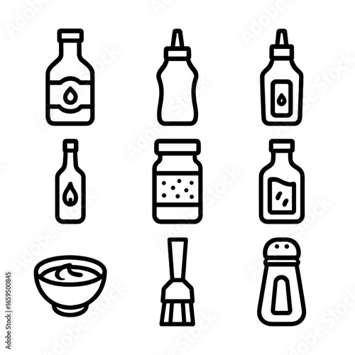 Barbecue Condiments Icons. Outline icon set of barbecue sauces and condiments: BBQ sauce bottle, mustard, ketchup, hot sauce,