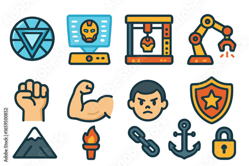 Iron Man and Will Icons. Flat vector mini-illustrations Iron Man technology in colors children's illustrations: arc reactor core,