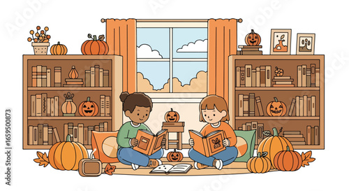 Adobe illustrator artwork vector illustration. Two cute girls reading books in a cozy autumn-themed library with bookshelves, pumpkins, and fall leaf decorations, perfect for seasonal and educational 