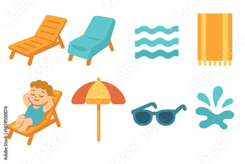 Poolside Kid Icons. Flat vector mini-illustrations poolside chaise lounge covers in colors children's illustrations: chaise lounge