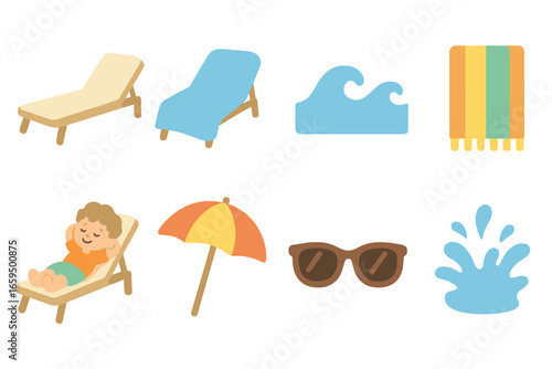 Poolside Kid Icons. Flat vector mini-illustrations poolside chaise lounge covers in colors children's illustrations: chaise lounge